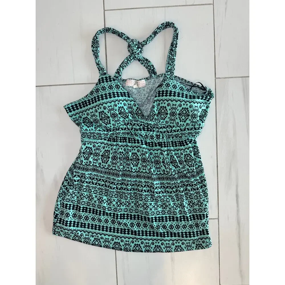 Pink Republic XL Aqua Black Tribal Print Tankini Swim Top Knotted Straps Padded